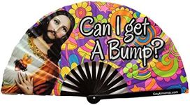 PandaTak Gay Pride Folding Hand Fans, Funny Large 13" Bamboo Fan with UV Reactive Ink, for LGBTQ Circuit Parties EDM Festivals and Raves (Can I Get a Bump Jesus)