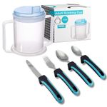 Sovio Disability Aids Adult Eating and Drinking Set - 350ml Non-Spill Cup for Elderly and Weighted Utensil Set for Disabled Aids and Arthritic Hands - Dishwasher Safe, Cutlery for Daily Living