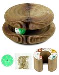 QWORK Magic Organ Cat Scratcher with Toy Bell Ball, Cat Toy Corrugated Cardboard Scratching Board Foldable to Save Space