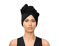 Sapphire Collection Hair Drying Towels, 100% Pure Terry Towel Cotton Soft Hair Towel Wrap Hair Twist Turban Towel Absorbent Hair Cap Head Wrap Spa Towels with Loop & Button for Long Hairs (Black)