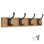 keypak 4 Matte Black Coat Hooks on Ash Effect Wooden Board - 46cm Modern Wall Mounted Coat Rack Clothes Hanger