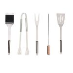 Amazon Brand - Umi FlameFleet 5-Piece BBQ Tool Set: Wooden Skewers, Stainless Steel Spatula, Tong, Fork & Cleaning Brush for Grilling Enthusiasts