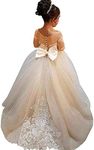 Abaowedding Lace Embroidery Sheer Long Sleeves Kids Trailing Gowns, Champagne, 6