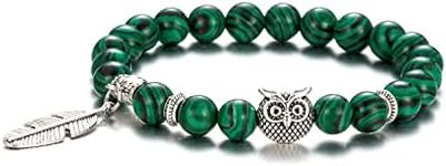 Softones 8mm Beads Owl Bracelets for Women Handmade Natural Stone Owl Gifts for Women Crystals Bracelet for Women Men Spiritual Energy Bracelet, 7.5 Inch, Crystal Stone, Agate