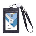 Wisdompro Badge Holder with Retractable Lanyard, 2-Sided PU Leather ID Card Holder Wallet Case with Retractable Reel and Wrist Strap for Work, Metro and Bus Pass - Vertical, Black