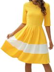 oxiuly Women's Long Sleeve Round Neck Casual Pockets Cocktail Party Dress OX253 (L, Yellow-White)