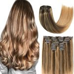 Clip in Hair Extensions 120G 100% Brazilian Remy Human Hair Extensions 9A Soft Silky Straight 7pcs 17clips Medium Brown Fading to Golden Brown and Strawberry Blonde Highlighted(20Inch #4P10T27)