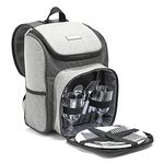 VonShef Picnic Backpack, 2 Person Grey Picnic Hamper with Dining & Cutlery Set & Cooler Compartment, Lightweight Water Resistant Picnic Bag, Insulated Camping Accessories