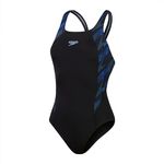 Speedo Women's HyperBoom Splice Muscleback Swimsuit | Classic Design| Quick Drying | Training | Fitness | Chlorine Resistant, Black/True Cobalt/Curious Blue, 36