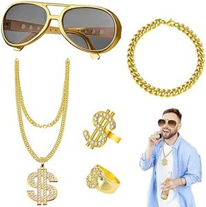 Collar de 5 unidades, anillo de dólar, cadena de oro, pulsera de los años 80 de los años 90, accesorios de rapero, accesorios para hombres, disfraz de carnaval, accesorios para hombre