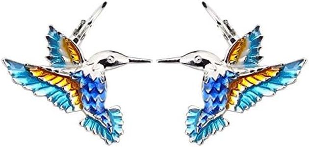 DOWAY Enamel Mini Flying Hummingbird Stud Earrings for Women Girls Huggie Hoop Bird Stud Clip with Dangle Charms (Blue)