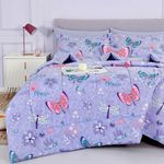 Mooreeke Bed in a Bag for Kids Girls Teens, 6 Pieces Twin Size Comforter Bed Set with Shams, Sheet Set and Decorative Toy Pillow, Butterfly Purple Super Soft Microfiber Kids Comforter Bedding Set