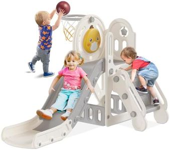 BIERUM 5 in 1 Toddler Slide, Slide for Toddlers Age 1-3 with Basketball Hoop and Ball, Slide for Kids, Indoor Outdoor Backyard Playground Cute Duck Theme Baby Slide Toy White Gray