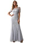 Ever-Pretty Women's Elegant Illusion Short Sleeve Crew Neck Sequin Embroidery Mermaid Evening Dresses 07707, Silver, 22