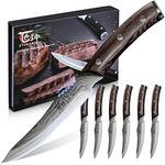 SYOKAMI Steak Knives Set of 6, 4.8 Inch High-Carbon Japanese Stainless Steel Non-serrated Steak Knife with Wood Handle, Damascus Pattern Full Tang Design, Razor-Sharp Dinner Knives with Gift Box