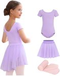 Mecceos Ballet Leotards with Skirt Tights Combo for Toddler Girls Dance Short Sleeve Leotard Ballerina Dresses Outfits (Purple, 4-6 Years, MEAM-321)