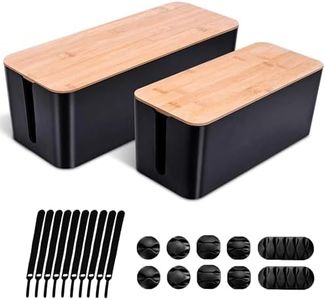 [Set of 2] Wood Cover Cable Management Box Set with Cable Sleeve Wire Ties Included to Organize Desk Cord Cables, Hide TV Computer Wires, USB Hub Power Strips to Make Home Office Neat (Black)