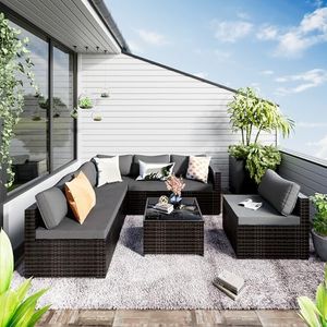 WWR 7 Pieces Patio Set, Wicker Conversation Sets with Cushion and Table, 7-Pieces Couch, Patio Furniture Set for Porch Poolside Backyard,Brown Frame Grey Cushion