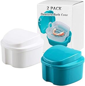Denture Bath Box Cup, Complete Clean Care for Dentures, Clear Braces, Mouth Guard, Night Guard & Retainers,Traveling (Blue & White)