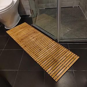 HJJKKH Bath Floor Mat,Floding Bamboo Wood Bath Mat,Bamboo Shower Mat,Roll-Up Bamboo Wood Bath Floor Mat,Foldable Teak Bath Mat for Bathtub,Shower,Sauna (15.7x47.2 inch)