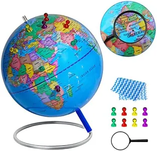 9" World Globe for kids Learning, Classroom Desk, Geographic Globe with iron Stand & colorful Magnetic Push Pins & magnifier & handkerchief, 360° Horizontal Rotation Educational World Globe, Blue
