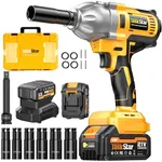 1000N Cordless Impact Wrench 1/2 inch, Brushless Motor, Built-in LED, Variable Speed Trigger with 3-Mode Speed, 2 x 4.0 Ah Batteries and 1 x Charger, 740 Ft-lbs High Torque Impact Gun for Car Home