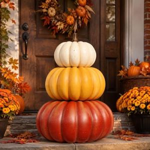 Bdor 3-Tier Stacked Pumpkin Decor, 22 Inch Foam Fall Harvest Accent