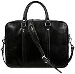 Time Resistance Leather Briefcase Bag Slim Full Grain Leather Laptop Messenger Black