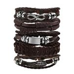 MILAKOO Brown Leather Bracelets 5Pcs Hemp Cords Cuff Wristband for Men Women Infinity Feather Symbol