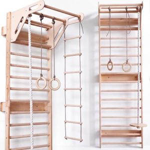 Goodevas Kids Climbing Frame | Montessori Wooden Playground with Swedish Wall, Swing, Gym Rings, Ladder & Monkey Bar for Toddlers – Wall-Mounted Indoor Gym