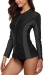 Charmo Women Zip Long Sleeve Rash Vest UPF 50+ Rashguard Shirts Swimwear Tops Black/Grey M