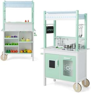 HONEY JOY Double-sided Pretend Play Kitchen, Kids Wooden Kitchen Playset w/Remote Control & LED Light Bars, Grocery Stand, Towel Rack & Smooth Wheels, 17 Abundant Accessories, Kitchen Toy for Kids 3+