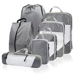 SYCARON Compression Packing Cubes, 7 Piece Travel Packing Organizers Bags Mesh Expandable Luggage Organizer Cubes for Carry on Luggage with Laundry Bag, Shoes Bag, Clothing Underwear Bag, Grey