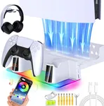 WAYCOM PS5 Wall Mount Kit with Charging Station RGB LED Light for Both PS5, New PS5 Pro and PS5 Slim Consoles Disc & Digital, Fast Dual Controller Chargers, Steel Wall Stand, and Headphone Hanger