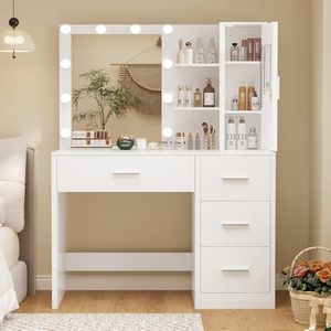 usikey Makeup Vanity with Lights, Vanity Desk with Mirror and 10 LED Lights, White Table with 4 Drawers, Cabinet & 4 Necklace Hooks, Dressing Table for Bedroom,Grils Vanity, White
