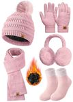 Voqeen 5 PCS Womens Hat Scarf Gloves Set Knitted Beanie Long Scarfs Touch Screen Gloves Earmuffs Fleece Socks(Pink)