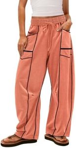 IAJDKMEK Sweatpants Women Baggy High Waisted Wide Leg Lounge Pants Drawstring Waist Contrast Baggy Patchwork with Pockets Casual Beach Vacation Trousers Saffron Small