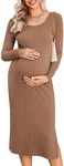 Ekouaer Women's Maternity Long Sleeve Fall Dress Crew Neck Pregnancy Dress Midi Dress Baby Shower Khaki XXL