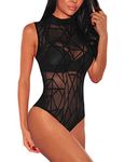 ADEWEL Women's Sexy Rhinestone Sheer Mesh Long Sleeves Bodysuit Jumpsuits Tops (Small,Black-2)