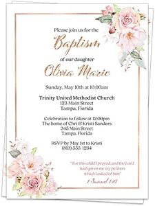 The Invite Lady Baptism Invitations Confirmation Invites First Holy Communion Pink Girl Rose Gold Floral Personalized Custom Printed Customized (12 Count)