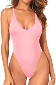 Holipick High Cut Thong One Piece Sexy Swimsuit Low Back Cheeky Bathing Suits for Women Backless Brazilian Swimwear, Light Pink, Large