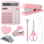 Office Supplies Pink Desk Office Accessories for Women Stapler and 1000pcs Staples Set Standard Function Calculator 12 Digit,Stapler Remover,Measure,Scissor and Tabs,Gifts for Teacher Student