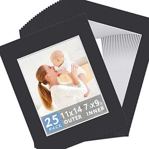 Somime 25 Pack Black Picture Mats - 11x14 Pre-Cut Mats for 8x10 Photos - White Core Bevel Cut Frame Matte, Acid Free, Ideal for Frames, Artwork and Prints