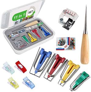 Appareils à Biais, Biais de Couture avec Épingles Droites, Pieds-de-biche, Couture Poinçonet et Clips Pince, 60 pcs Bias Tape Maker Machine Biais Ruban Maker pour Fabriquer Largeur 6mm/12mm/18mm/25mm