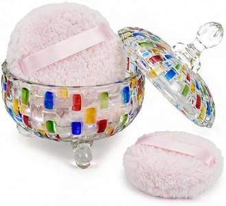 3 Pcs Extra Large Dusting Powder Puff and Container with Body Soft Washable Reusable Nian Gao Fleece Face 5.9'' Glass Crystal Dusting Powder Container for Women (Multicolor, Weave Design)