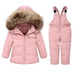 SANMIO Baby Boys Girls Two Piece Snowsuit, Toddler Winter Hooded Puffer Down Jacket Coat with Ski Bib Pink