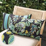 Phantoscope Pack of 2 Outdoor Indoor Throw Decorative Pillow Cover Floral Striped Waterproof Patio Pillows Cushion Case for Couch Tent Park, Dark Green 12 x 20 Inches