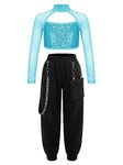 Aiihoo Kids Girls Street Hip Hop Dance Outfit Long Sleeve Sequins Ballet Crop Top with Chain Jogger Cargo Pants Set Tracksuit Lake Green 7-8 Years