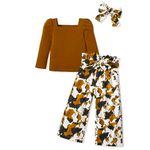 Xumplo Girls Clothes Toddler Outfits Kids Clothing Set Puffy Long Sleeve Top Square Neck T-shirt Two Pieces Striped Wide Leg Pants Sets with headband Brown 4-5 Years