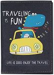 Cute Vegan Leather Passport Holder Cover World Map Travel One Pocket Passport Case Wallet for Kids Teens Adults, Dino-Black-Car, One Size